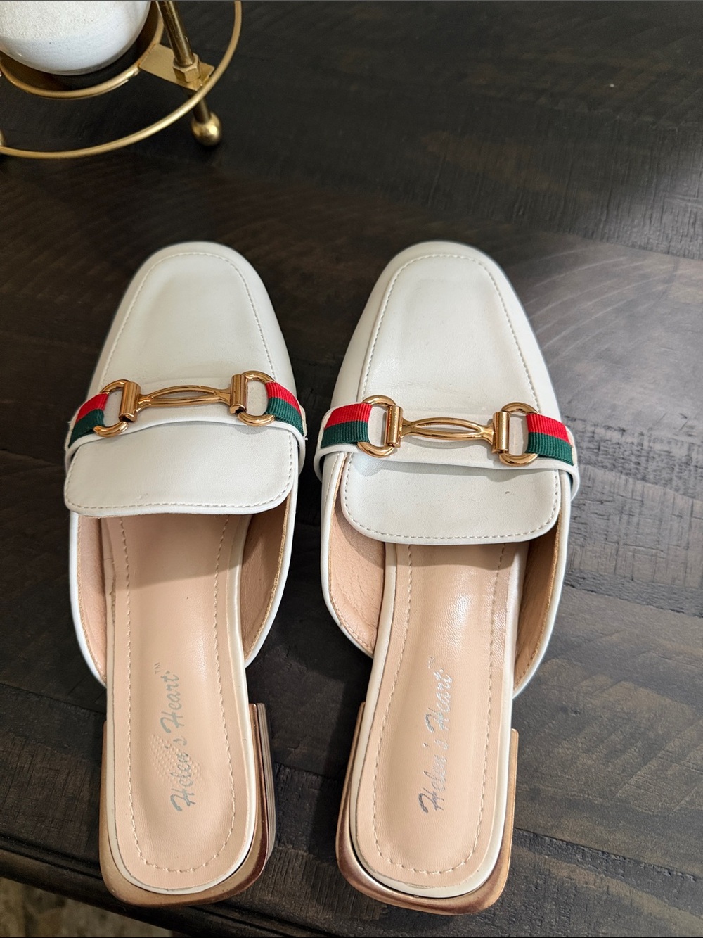 White Slip-On Mules with Gold Bit and Green-Red Ribbon